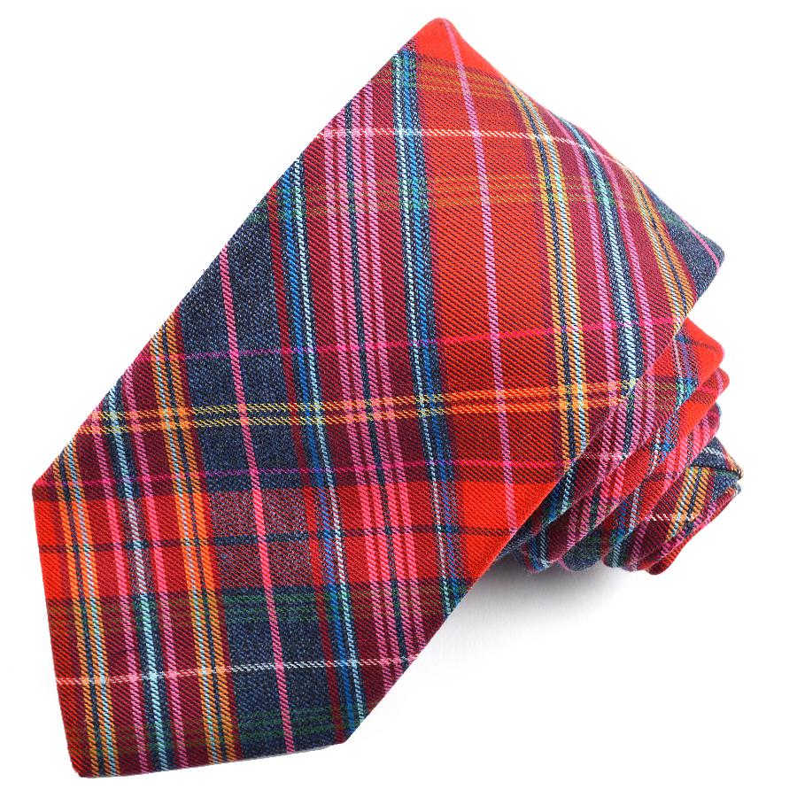 Orange, Red, and Grey Multi Plaid Cotton and Silk Woven Jacquard Tie by Dion Neckwear