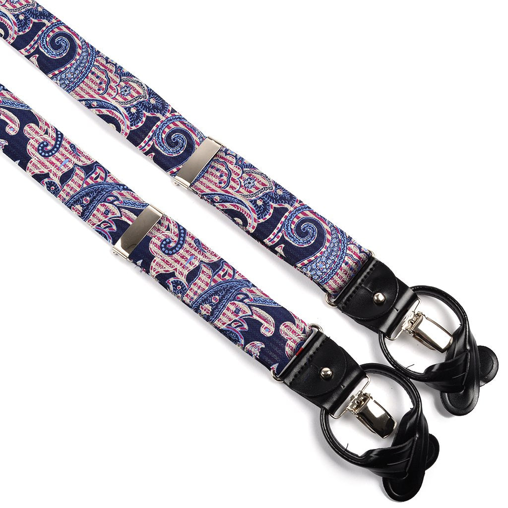 Navy, Wine, and Ecru Paisley Stripe Silk Twill Printed Jacquard Suspenders by Dion