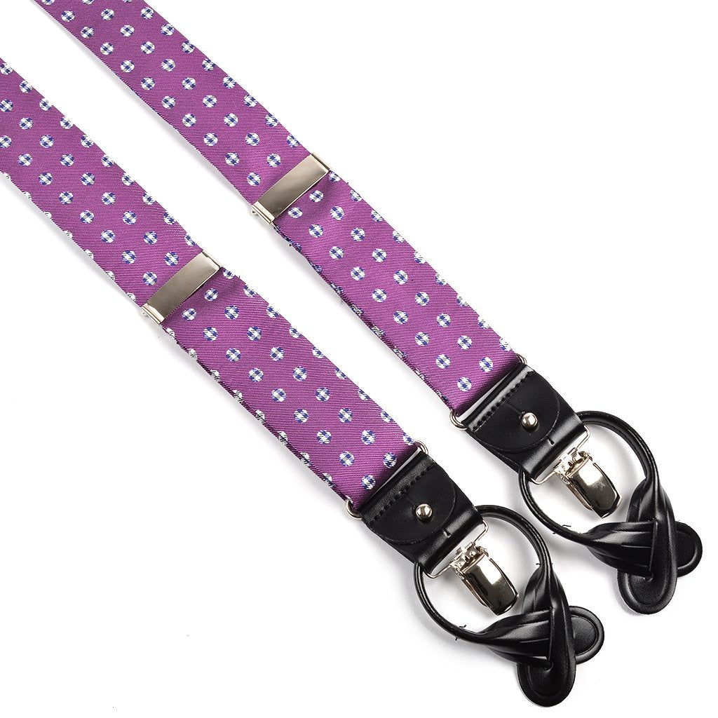 Purple, Navy, and White Gingham Dot Silk Woven Jacquard Suspenders by Dion