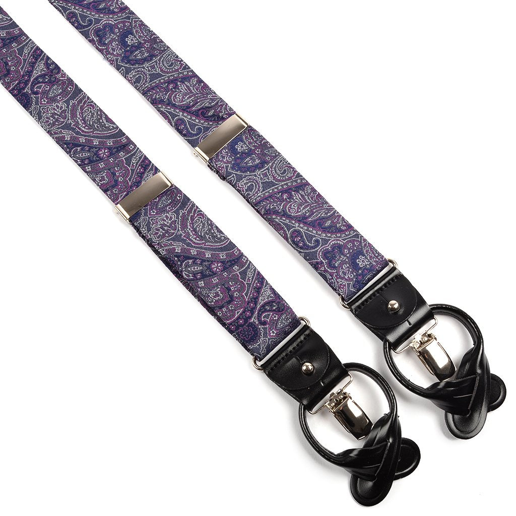 Navy, Grey, and Plum Paisley Silk Woven Jacquard Suspenders by Dion