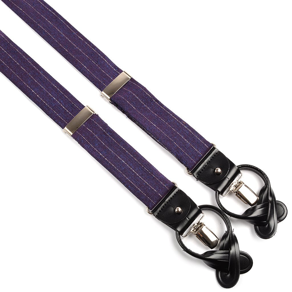 Eggplant and Periwinkle Mélange Fine Chalk Stripe Silk Woven Jacquard Suspenders by Dion