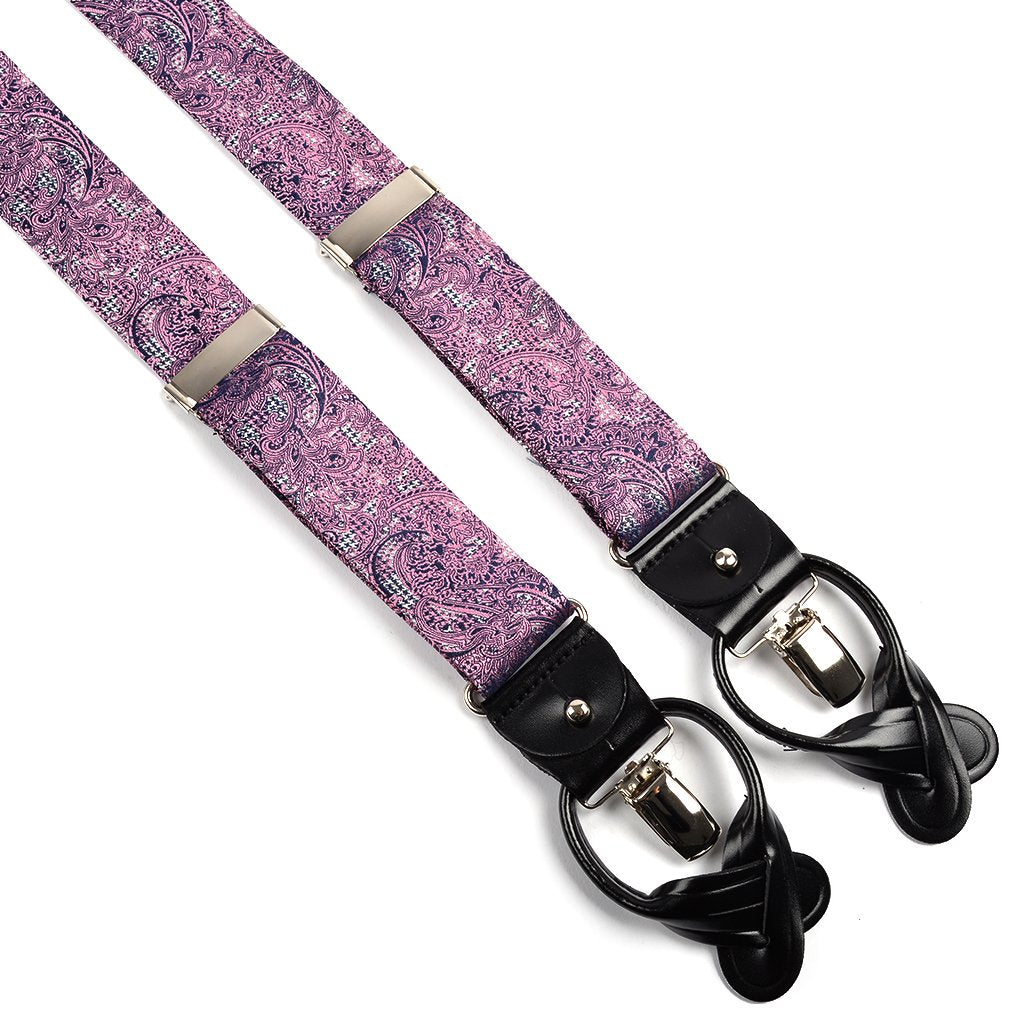 Pink, Navy, and Silver Micro Houndstooth Paisley Silk Woven Jacquard Suspenders by Dion