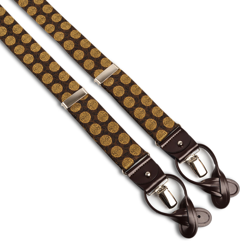 Brown, Gold, and Black Hydrangea Floral Silk Woven Jacquard Suspenders by Dion