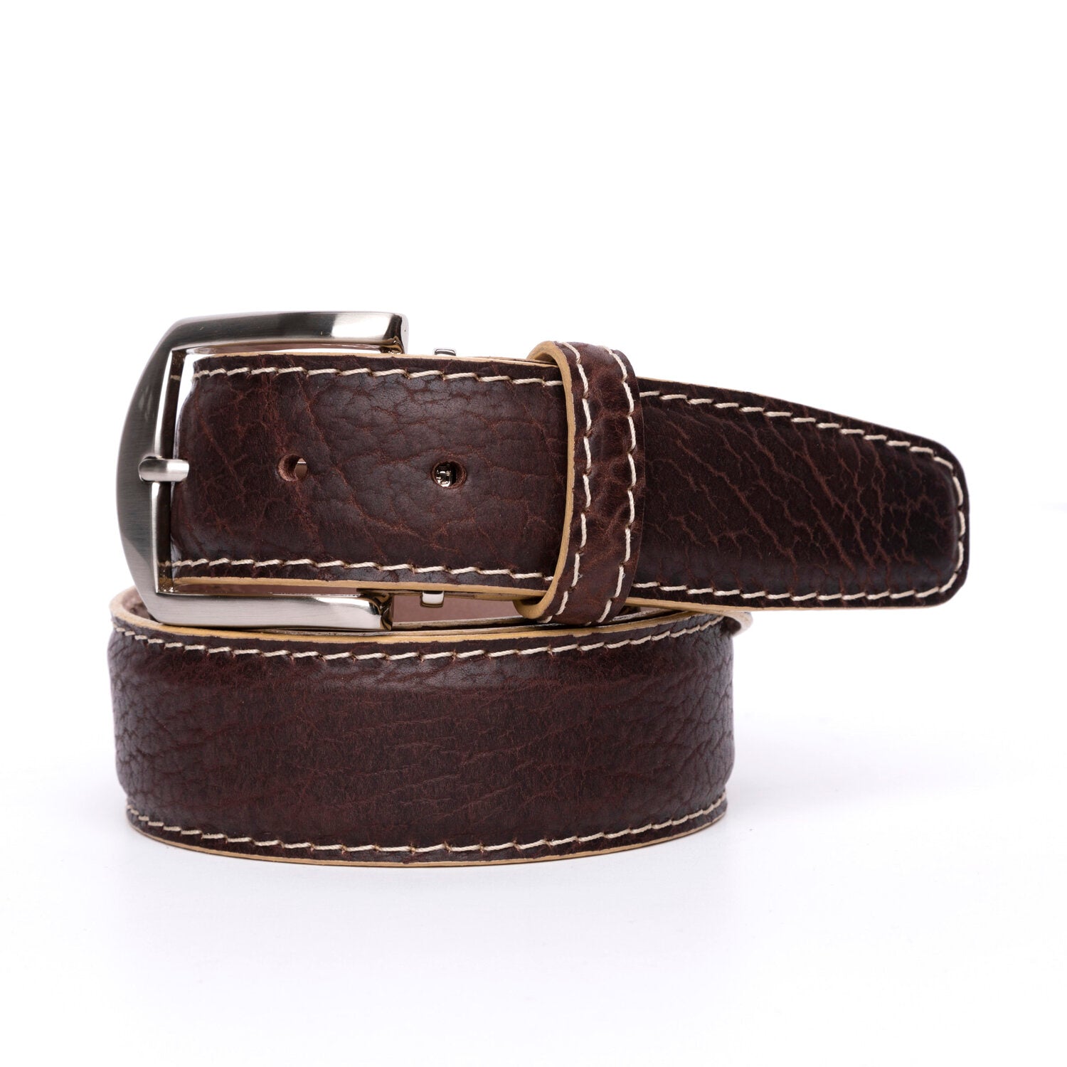 American Bison Belt in Brown with Beige Stitching by L.E.N. Bespoke