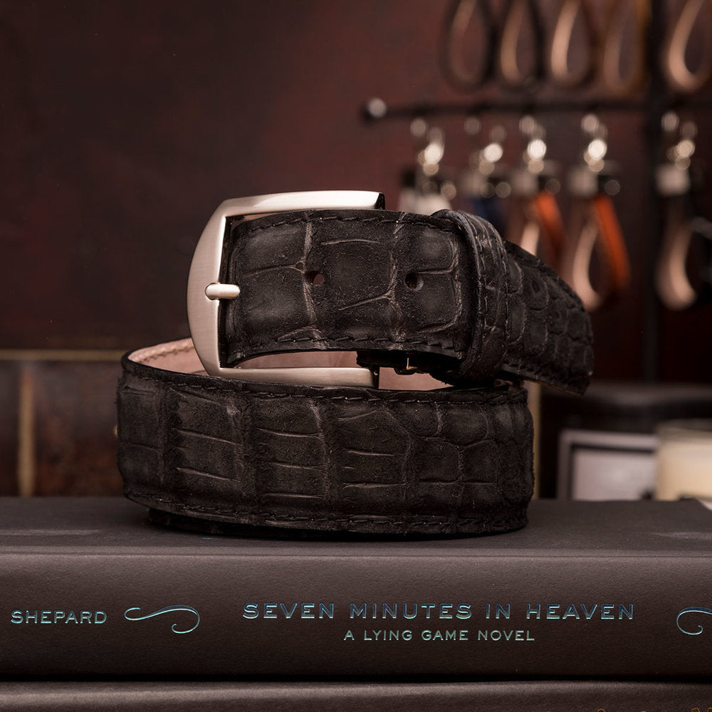 Buffed American Alligator Belt in Black by L.E.N.