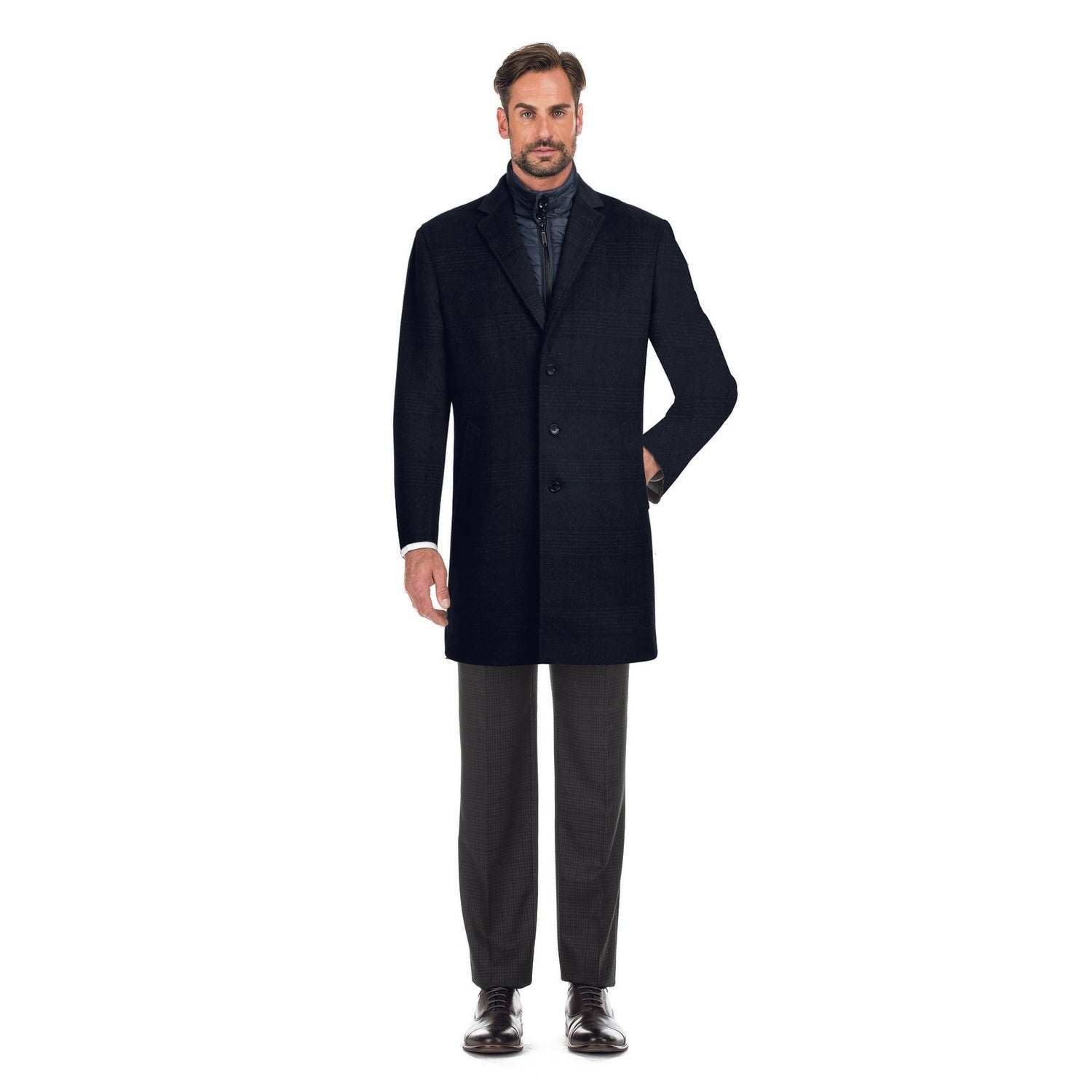 Wool Blend SLIM FIT Overcoat with Removable Quilted Liner in Navy Check by English Laundry