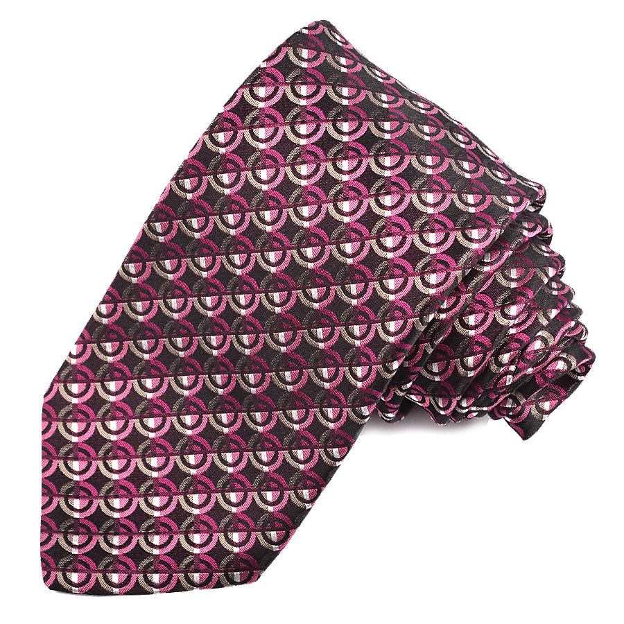 Black, Berry, and Tan Dot Geometric Woven Silk Jacquard Tie by Dion Neckwear