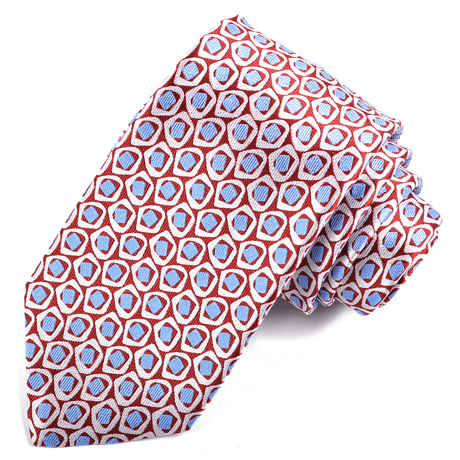 Red, Sky, and White Geometric Pebble Rock Woven Silk Jacquard Tie by Dion Neckwear