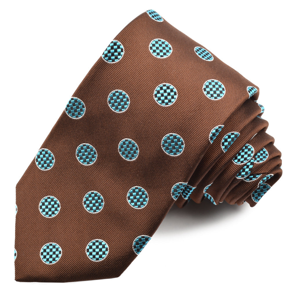 Mocha, Turquoise, and Navy Dot Woven Silk Jacquard Tie by Dion Neckwear