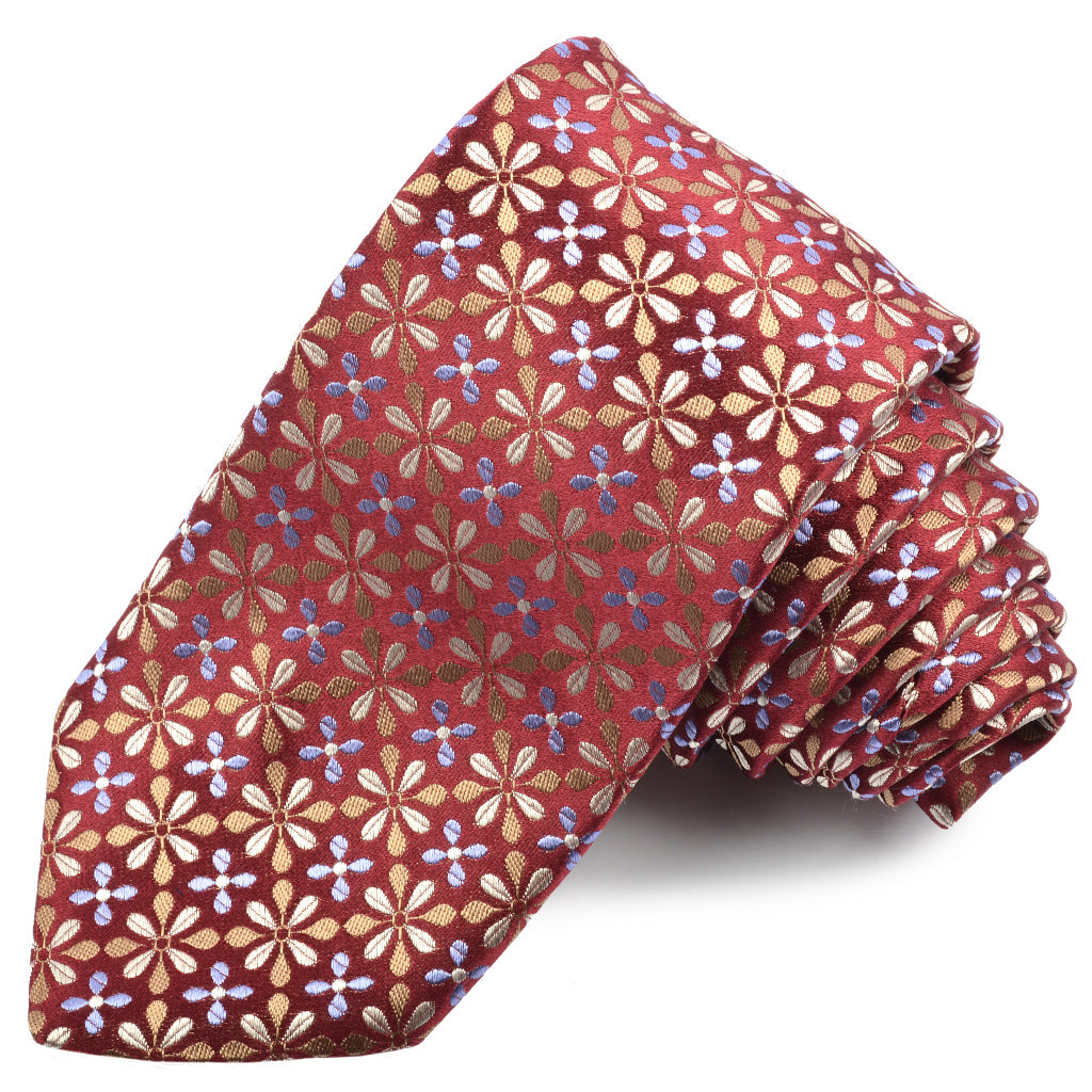 Wine, Tan, and Lilac Floral Medallion Woven Silk Jacquard Tie by Dion Neckwear