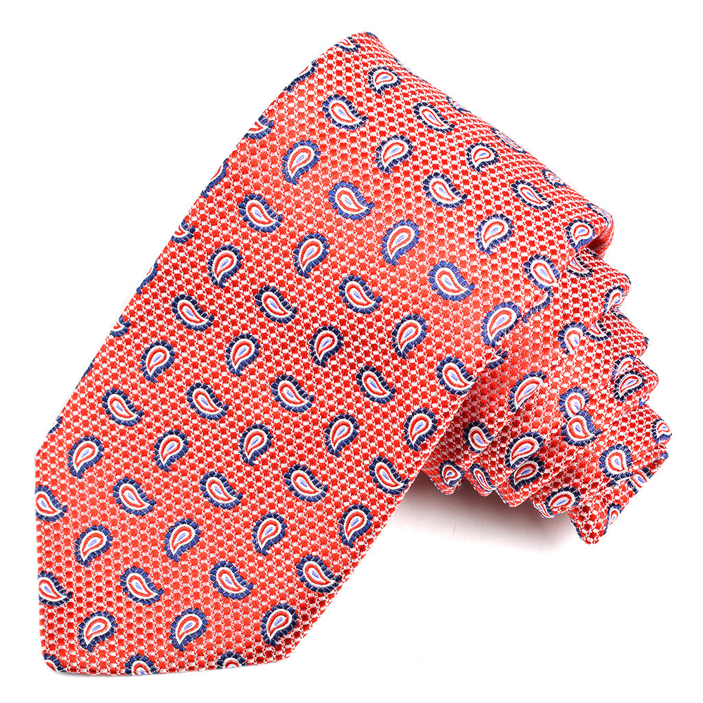 Red, Navy, and Latte Textured Teardrop Woven Silk Jacquard Tie by Dion Neckwear