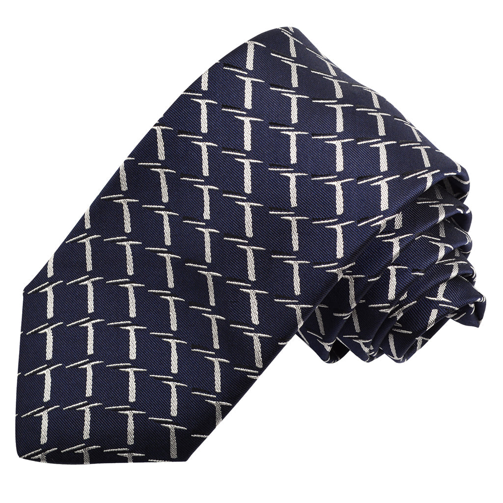 Navy and Silver Diamond Chain Link Woven Jacquard Silk Tie by Dion Neckwear