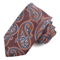 Burgundy, Cognac, and French Blue Textured Paisley Faille Woven Silk Jacquard Tie by Dion Neckwear