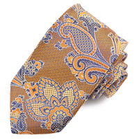 Gold and Navy Micro Houndstooth Floral Paisley Woven Silk Jacquard Tie by Dion Neckwear