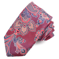 Strawberry and Navy Micro Houndstooth Floral Paisley Woven Silk Jacquard Tie by Dion Neckwear