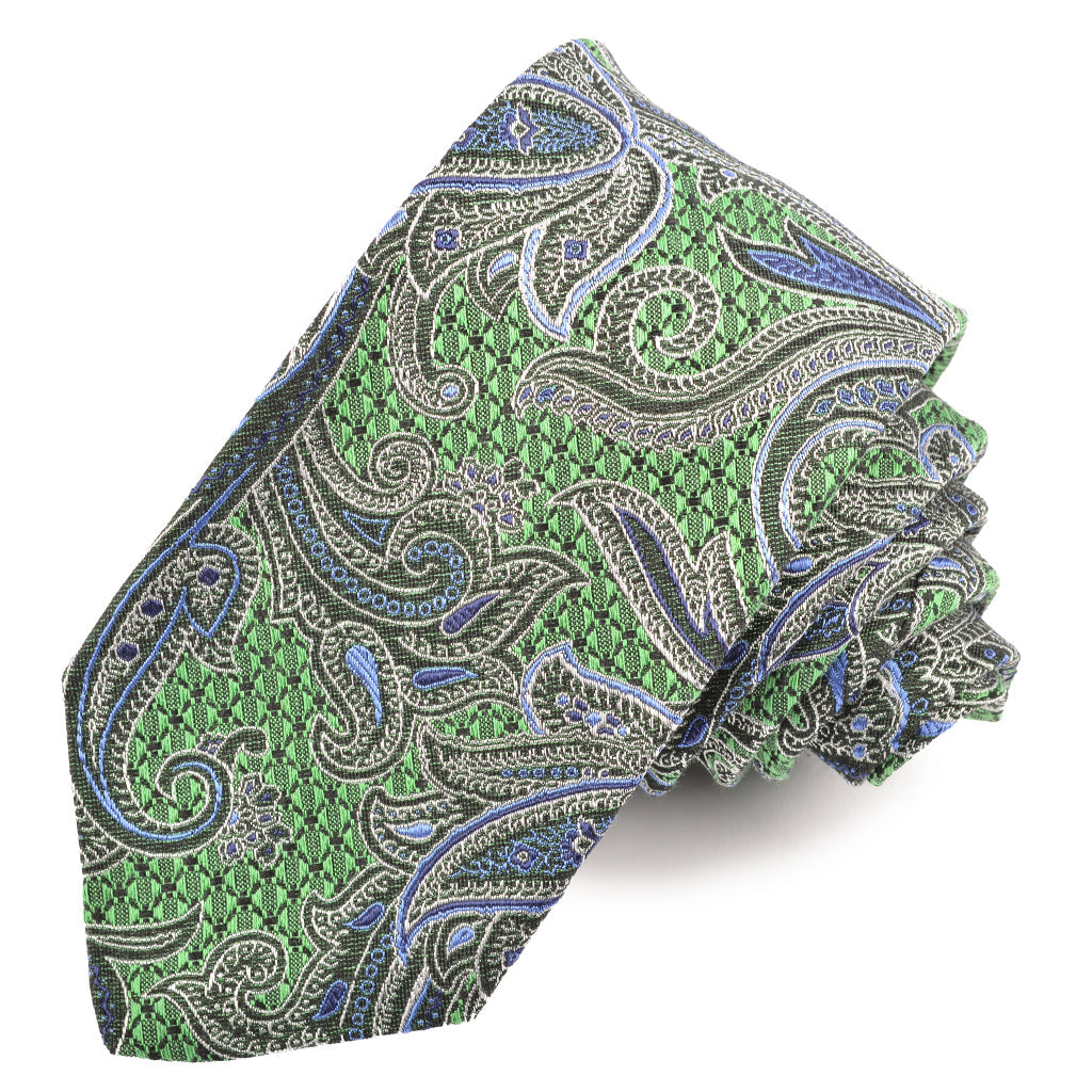 Green, French Blue, and Sky Teardrop Paisley Woven Silk Jacquard Tie by Dion Neckwear