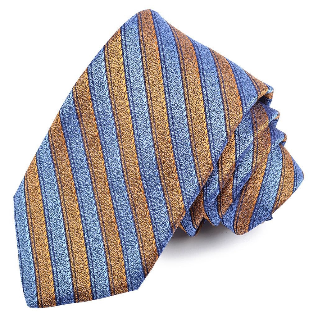 Gold, Sky, and Navy Shaded Bevel Bar Stripe Woven Jacquard Silk Tie by Dion Neckwear