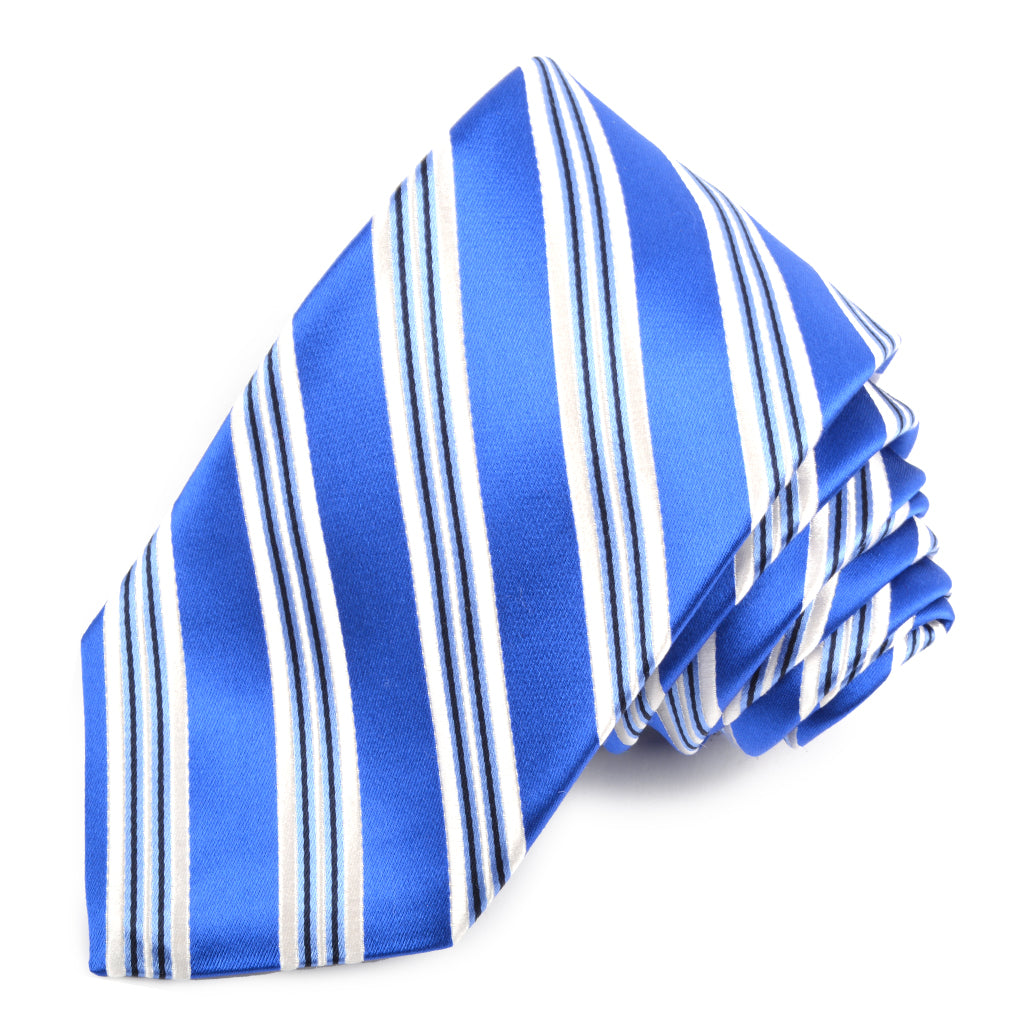 Royal Blue, Sky, and Navy Satin Double Bar Stripe Woven Jacquard Silk Tie by Dion Neckwear