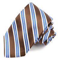 Mocha, French Blue, and Latte Satin Double Bar Stripe Woven Jacquard Silk Tie by Dion Neckwear