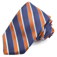 Cognac, Navy, and Sky Multi Textured Bar Stripe Woven Jacquard Silk Tie by Dion Neckwear