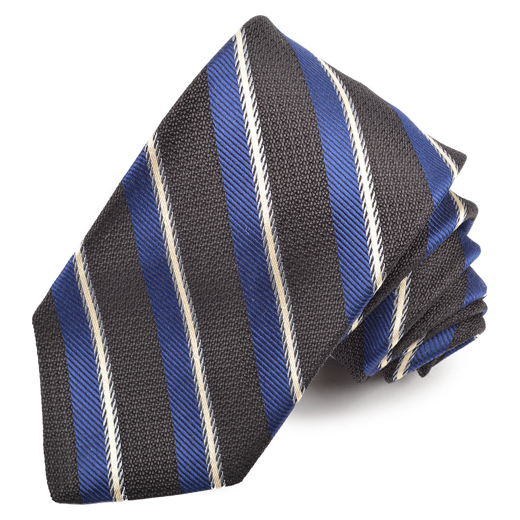 Onyx, Marine, and Grey Multi Textured Bar Stripe Woven Jacquard Silk Tie by Dion Neckwear