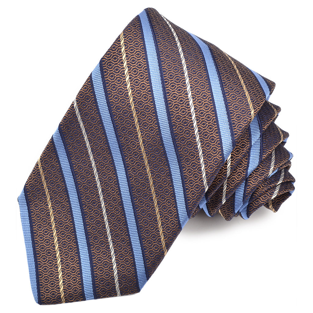 Mocha, Sky, and Navy Geometric Textured Stripe Woven Silk Jacquard Tie by Dion Neckwear