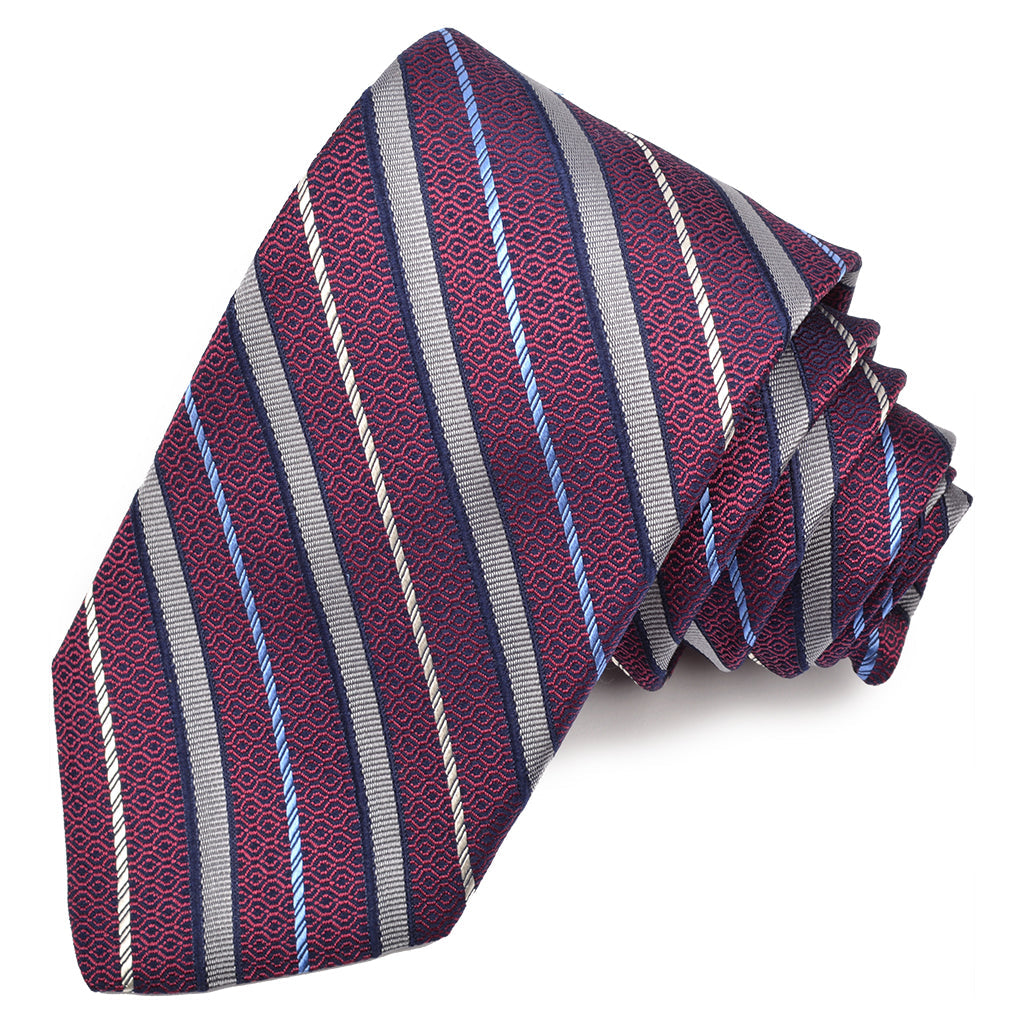 Burgundy, Navy, and Grey Geometric Textured Stripe Woven Silk Jacquard Tie by Dion Neckwear