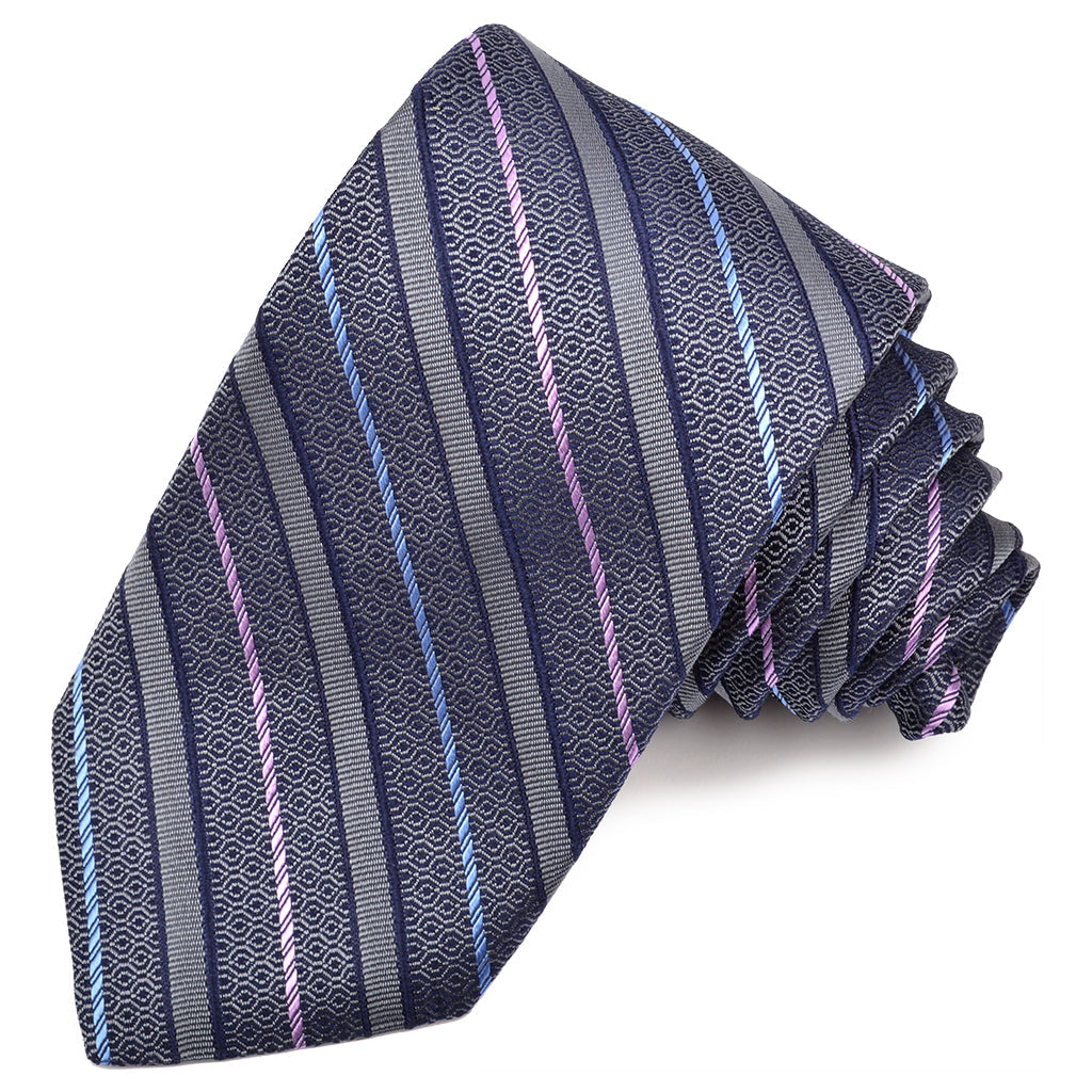 Grey, Navy, and Lavender Geometric Textured Stripe Woven Silk Jacquard Tie by Dion Neckwear