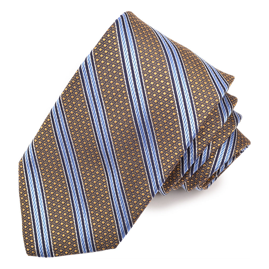 Gold, Sky, and Navy Diamond Double Bar Stripe Woven Silk Jacquard Tie by Dion Neckwear