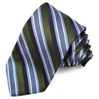 Green, Sky, and Navy Faille, Satin, and Natte Textured Bar Stripe Woven Silk Jacquard Tie by Dion Neckwear