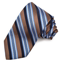 Mocha, Sky, and Navy Faille, Satin, and Natte Textured Bar Stripe Woven Silk Jacquard Tie by Dion Neckwear