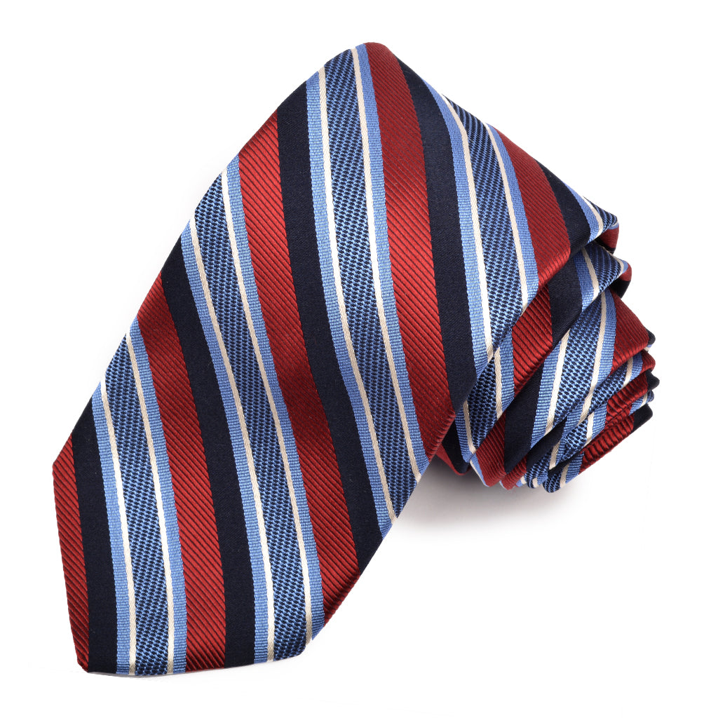 Red, Sky, and Navy Faille, Satin, and Natte Textured Bar Stripe Woven Silk Jacquard Tie by Dion Neckwear