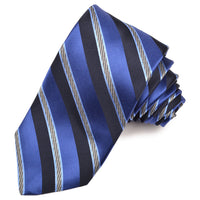 Royal Blue, French Blue, and Navy Natte and Satin Double Bar Stripe Woven Silk Jacquard Tie by Dion Neckwear