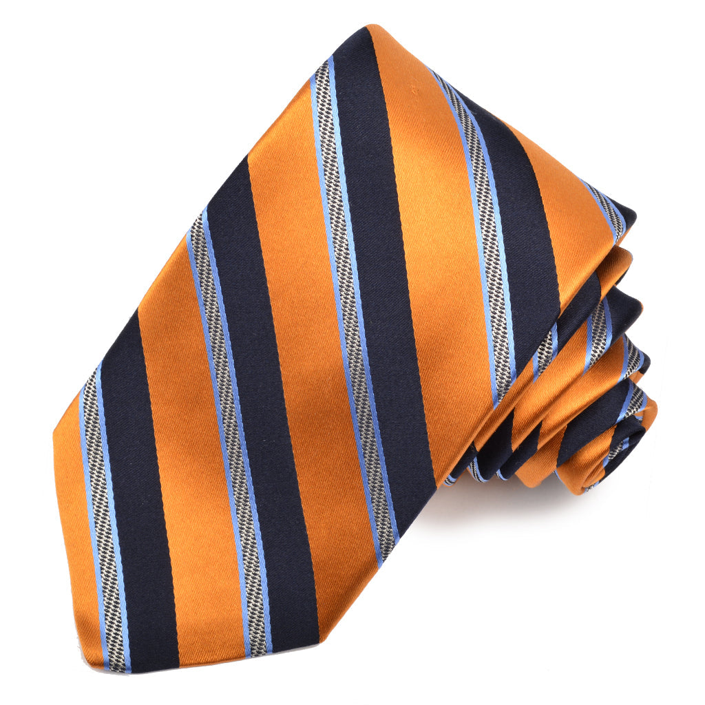 Gold, French Blue, and Navy Natte and Satin Double Bar Stripe Woven Silk Jacquard Tie by Dion Neckwear