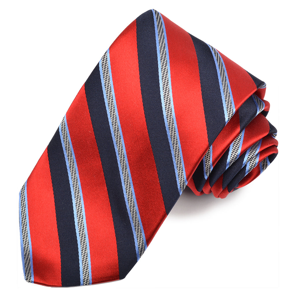 Red, French Blue, and Navy Natte and Satin Double Bar Stripe Woven Silk Jacquard Tie by Dion Neckwear