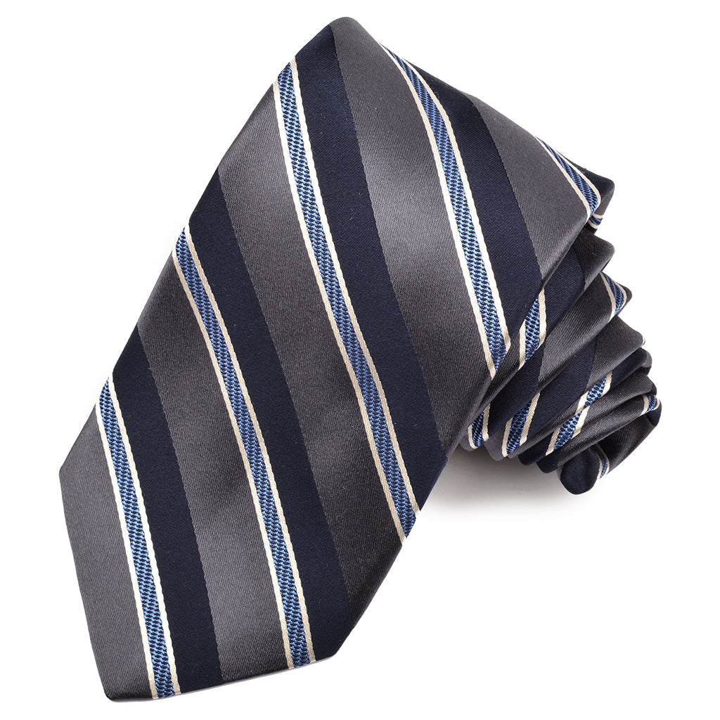 Charcoal, French Blue, and Navy Natte and Satin Double Bar Stripe Woven Silk Jacquard Tie by Dion Neckwear