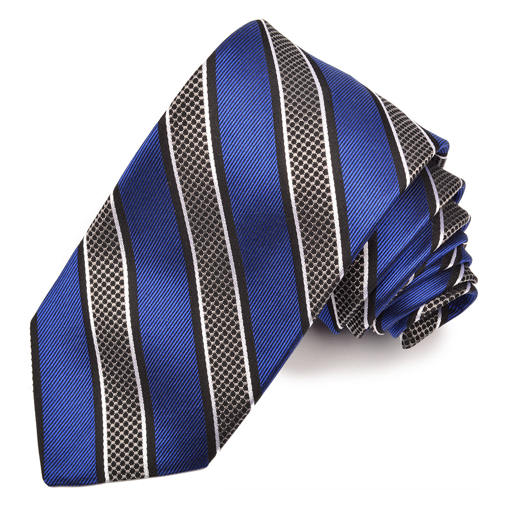 Royal Blue, Grey, and Black Micro Dot Bar Stripe Woven Silk Jacquard Tie by Dion Neckwear