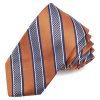 Melon, Navy, and Grey Micro Dot Bar Stripe Woven Silk Jacquard Tie by Dion Neckwear