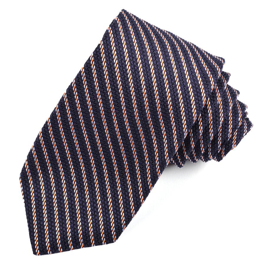 Navy, Orange, and Sky Mini Stripe Grand Grenadine Italian Silk Tie by Dion Neckwear