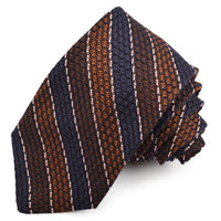 Navy, Mocha, and Pink Stripe Garza Grossa Grenadine Italian Silk Tie by Dion Neckwear