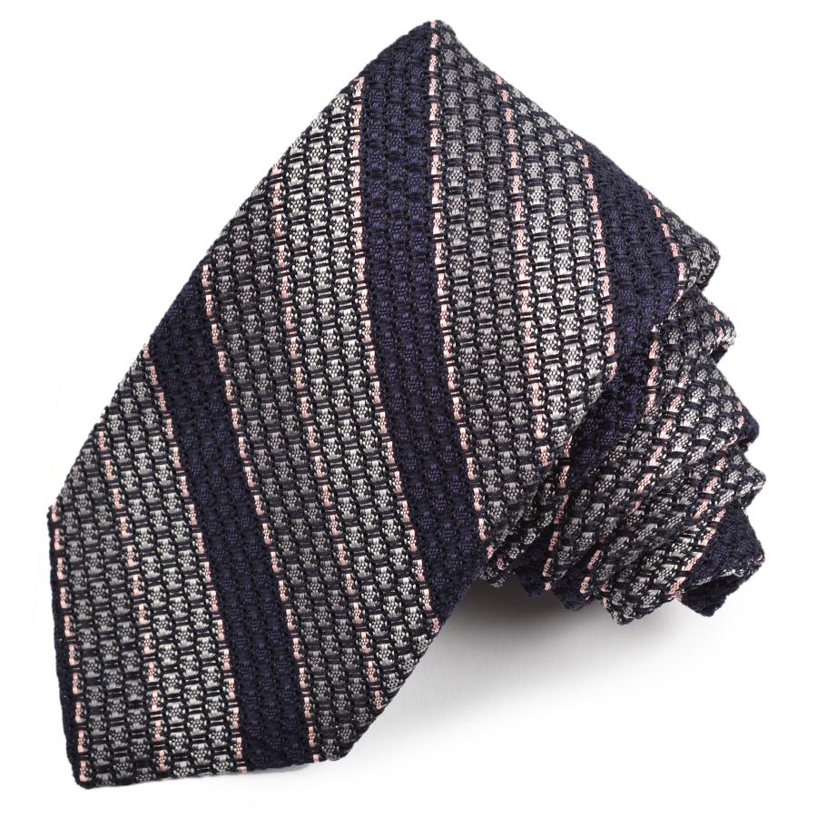 Grey, Navy, and Pink Stripe Garza Grossa Grenadine Italian Silk Tie by Dion Neckwear