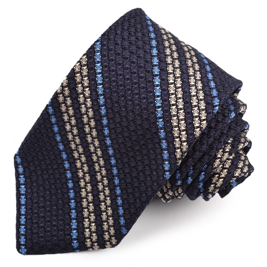Navy, Latte, and French Blue Stripe Garza Grossa Grenadine Italian Silk Tie by Dion Neckwear
