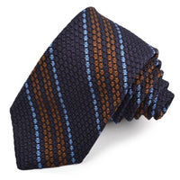 Navy, Brown, and French Blue Stripe Garza Grossa Grenadine Italian Silk Tie by Dion Neckwear