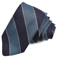 Navy, Teal, and Silver Bar Rep Stripe Garza Grossa Grenadine Italian Silk Tie by Dion Neckwear