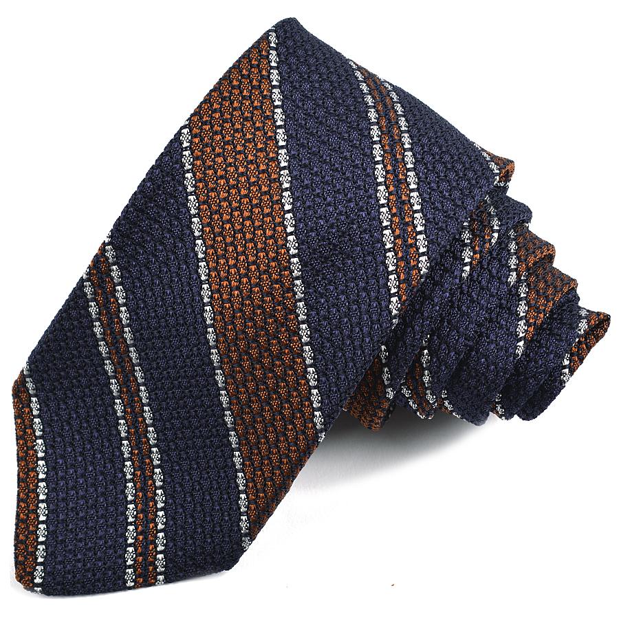 Navy, Brown, and Silver Double Bar Rep Stripe Garza Grossa Grenadine Italian Silk Tie by Dion Neckwear