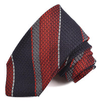 Red, Navy, and Silver Double Bar Stripe Garza Grossa Grenadine Italian Silk Tie by Dion Neckwear