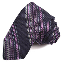 Navy, Lavender, Sky, and Silver Multi Bar Stripe Garza Grossa Grenadine Italian Silk Tie by Dion Neckwear