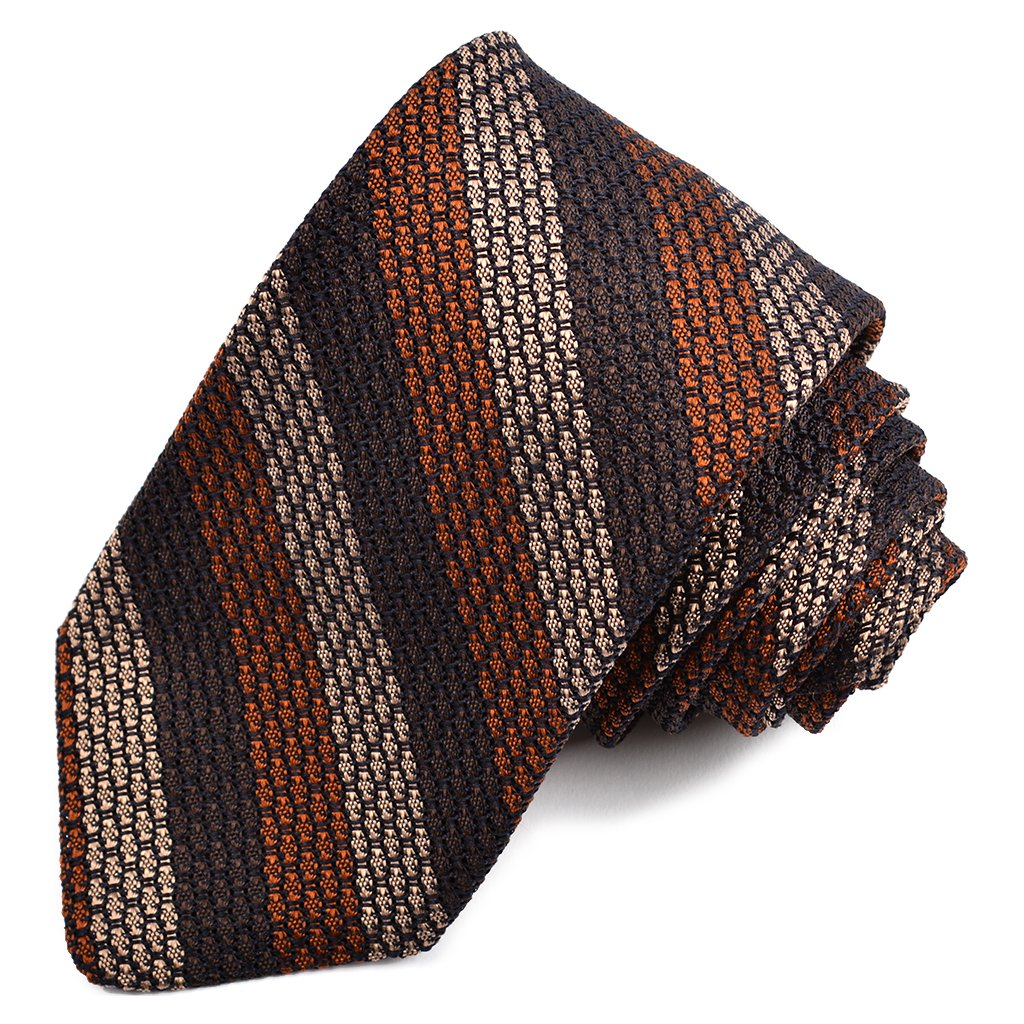 Brown, Tobacco, and Sand Tonal Stripe Garza Grossa Grenadine Italian Silk Tie by Dion Neckwear