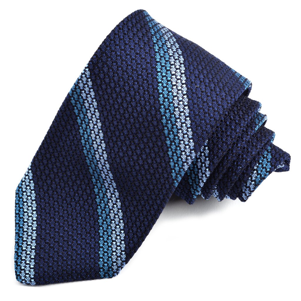 Navy, Teal, and Sky Double Bar Stripe Garza Grossa Grenadine Italian Silk Tie by Dion Neckwear