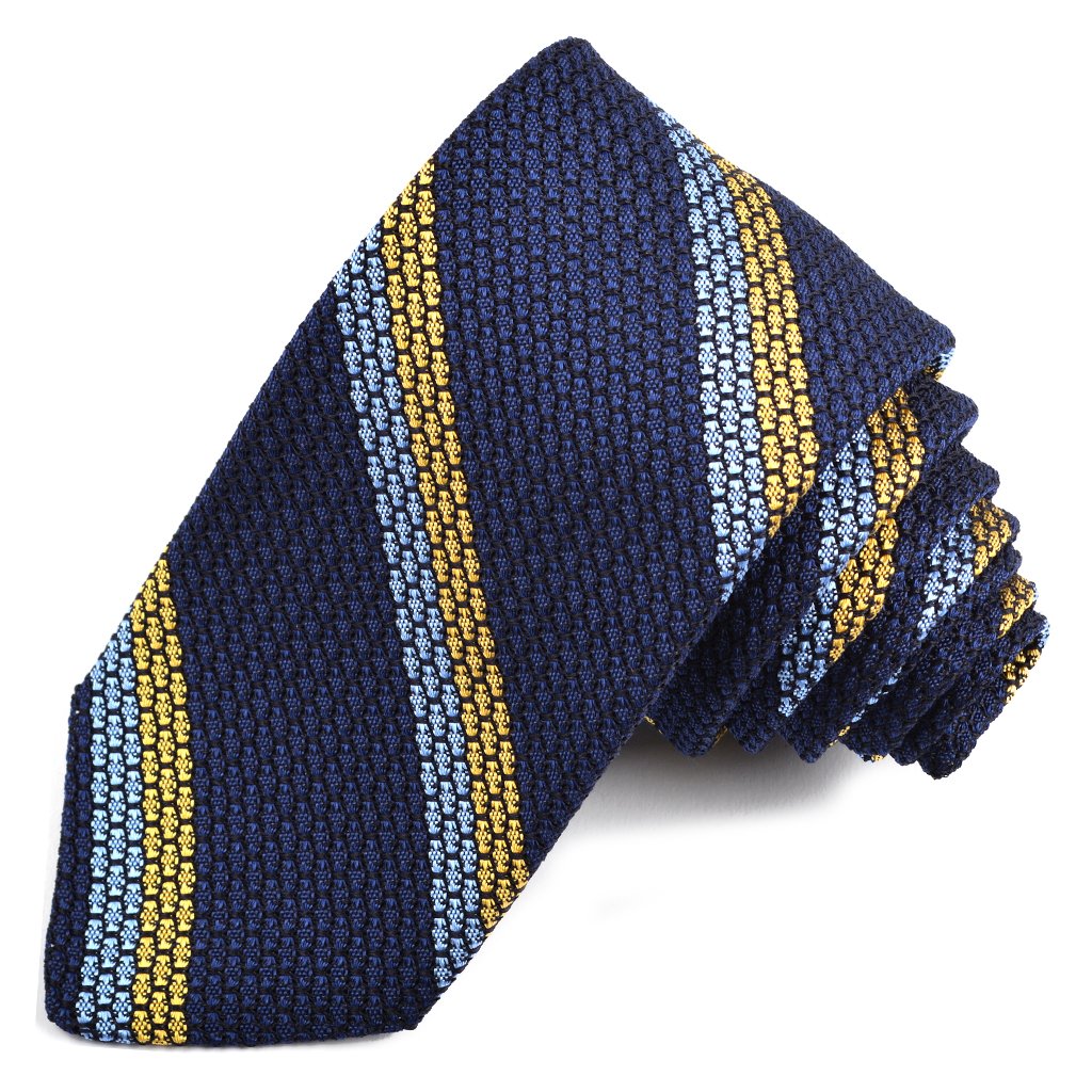 Navy, Yellow, and Sky Double Bar Stripe Garza Grossa Grenadine Italian Silk Tie by Dion Neckwear